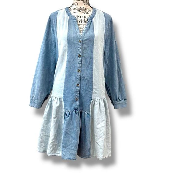 Entro Size L Blue Cotton Chambray Shirt Dress Pockets Color Block - Picture 1 of 6